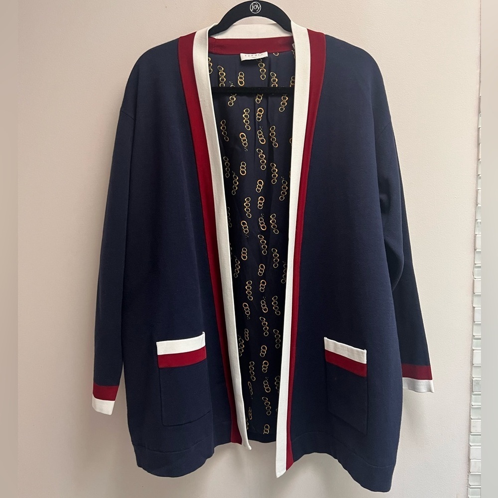 SANDRO PARIS Womenโs Navy Anouchica Open-Front Collegiate-Style Cardigan - Large - Picture 6 of 11